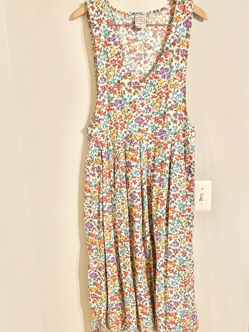 Vtg Pam's Closet 80s Floral Pleated Jumper Dress Pockets CottageCore Sz M USA